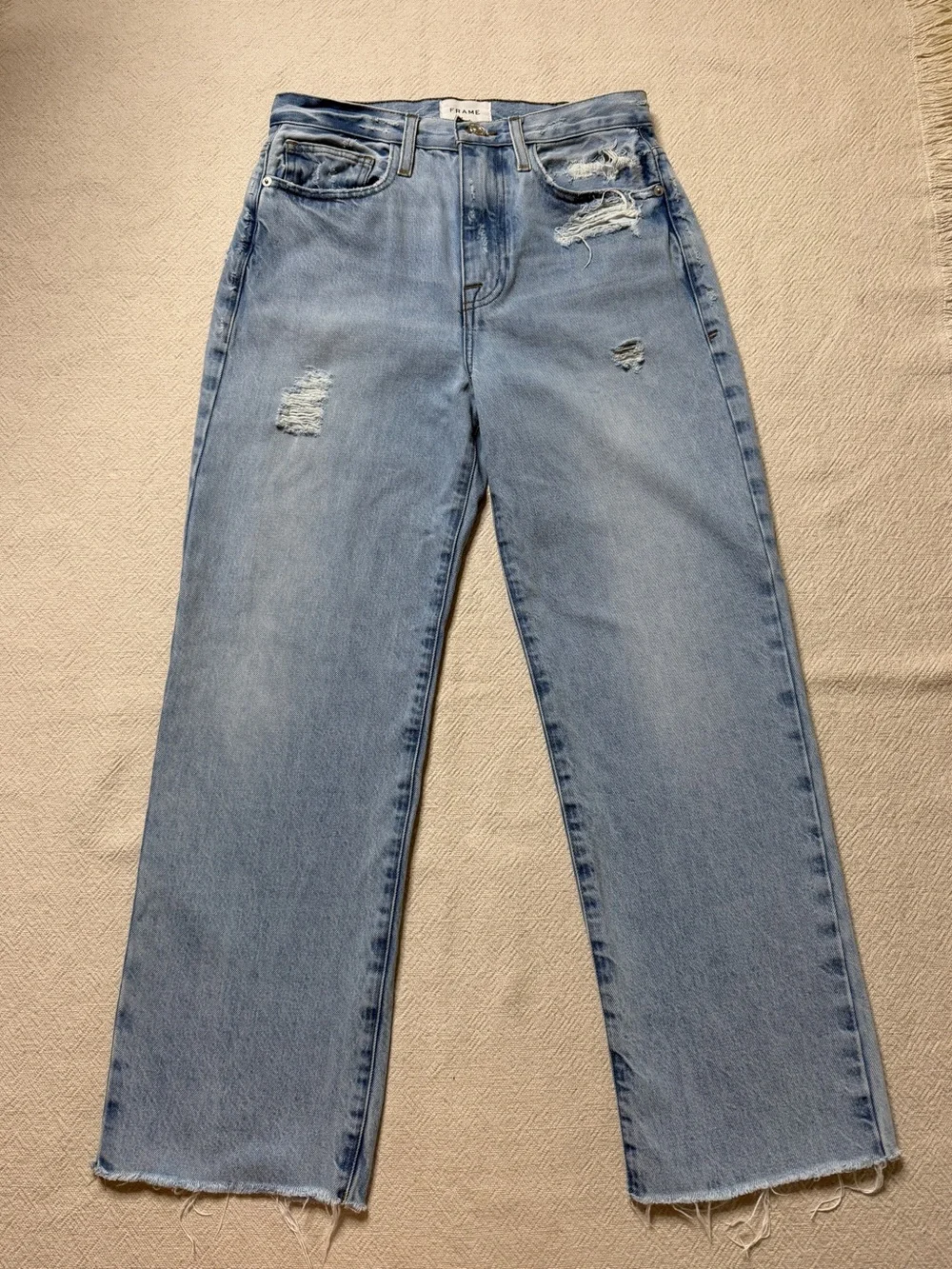 FRAME Le Jane Crop Distressed Jeans 26 Light Blue Wide Leg Boho Coastal - Picture 2 of 12